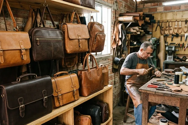 Bolsas de couro de diferentes estilos em um ambiente que destaca seu design e durabilidade.