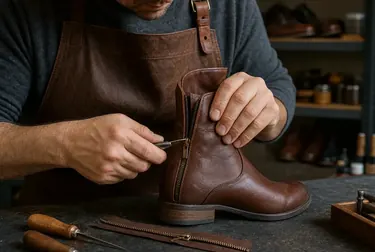 Sapateiro ajustando o zíper de uma bota, utilizando ferramentas específicas.