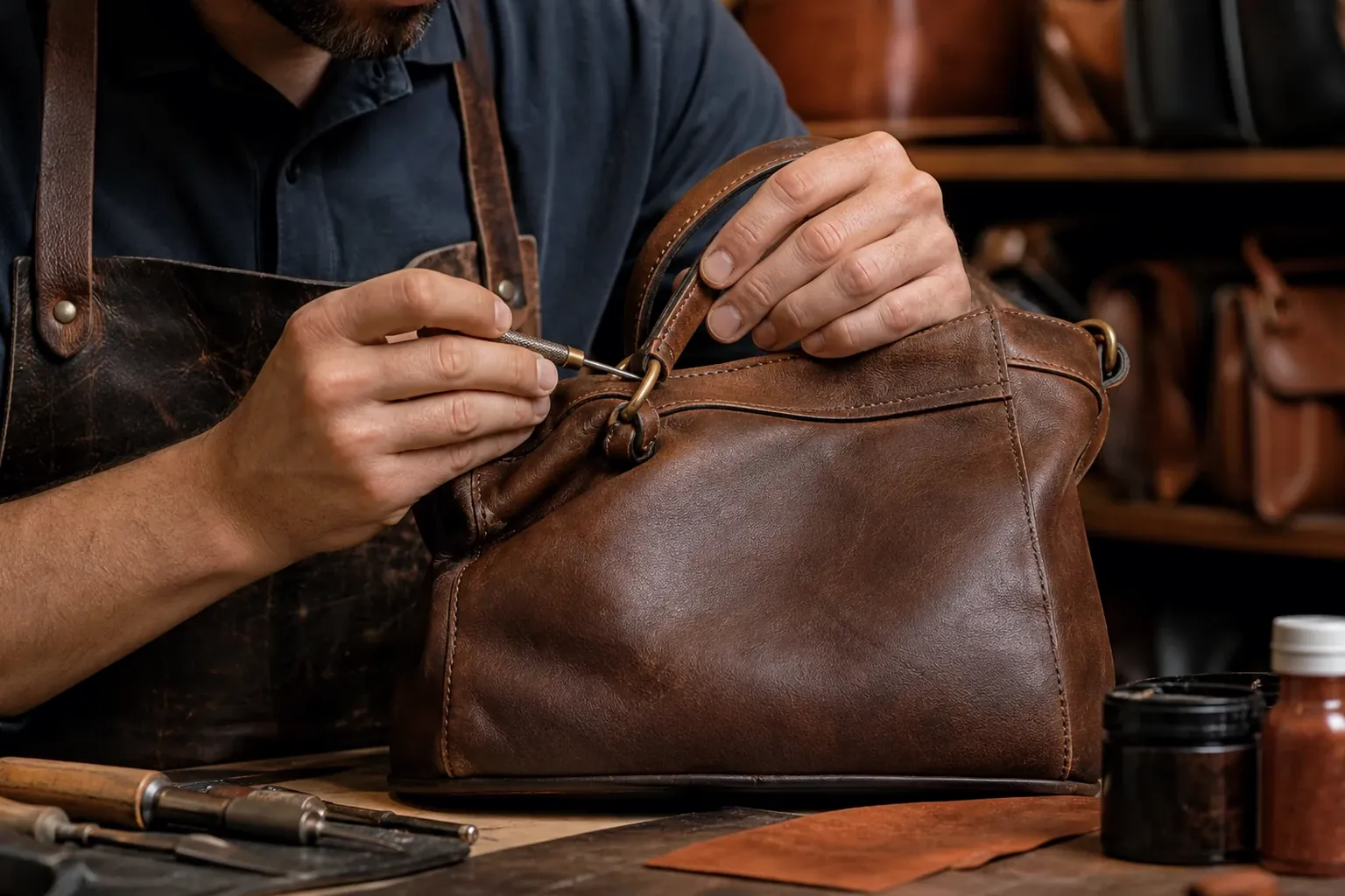 Sapateiro trabalhando na reforma de uma bolsa de couro, mostrando detalhes do trabalho.